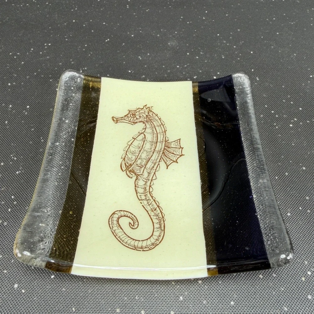 Fused Glass Seahorse Trinket Dish Square Coastal Navy Amber 5in Plate‎